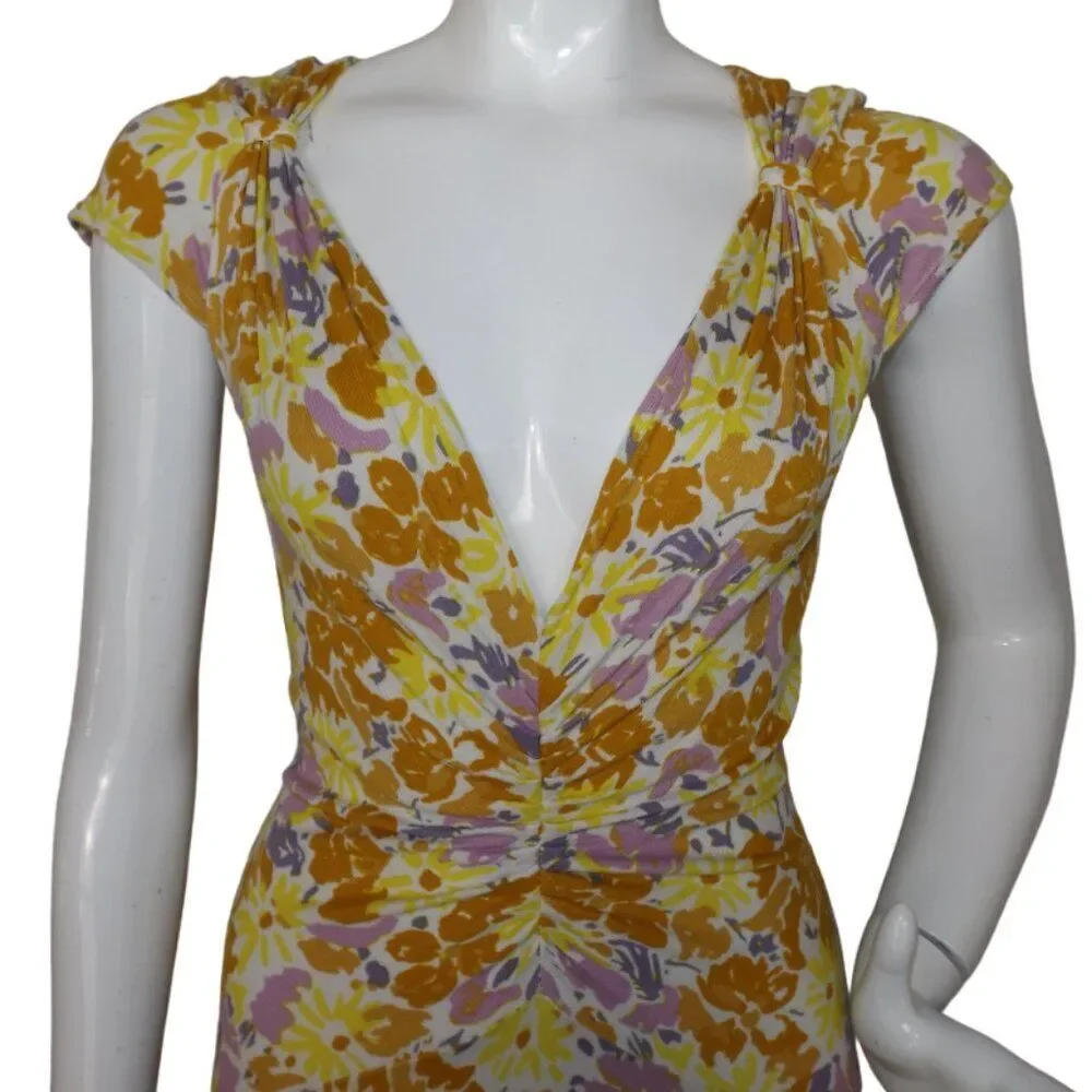 FREE PEOPLE Dress, M, Soft Ribbed, Plunging V,  Yellow/Purple Floral, Cap sleeve - Picture 2 of 14